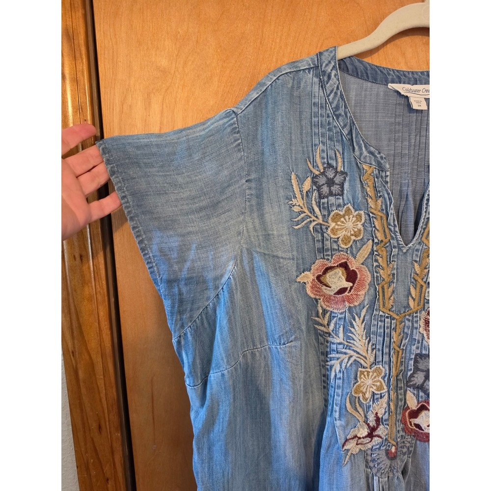 Coldwater Creek Embroidered Tencel Boho Shift Dress Blue Floral Plus 2X Pocket - Picture 4 of 9